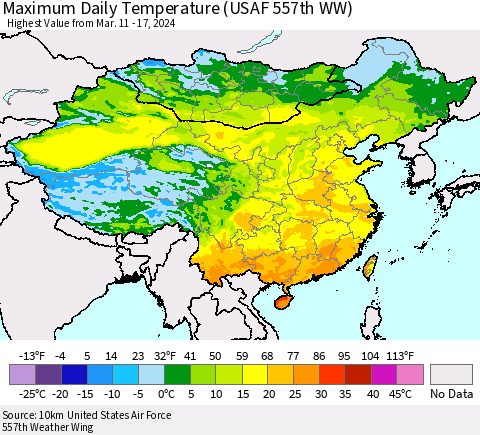 China, Mongolia and Taiwan Maximum Daily Temperature (USAF 557th WW) Thematic Map For 3/11/2024 - 3/17/2024