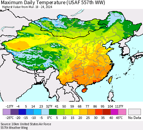 China, Mongolia and Taiwan Maximum Daily Temperature (USAF 557th WW) Thematic Map For 3/18/2024 - 3/24/2024