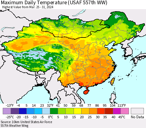 China, Mongolia and Taiwan Maximum Daily Temperature (USAF 557th WW) Thematic Map For 3/25/2024 - 3/31/2024