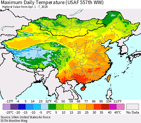 China, Mongolia and Taiwan Maximum Daily Temperature (USAF 557th WW) Thematic Map For 4/1/2024 - 4/7/2024