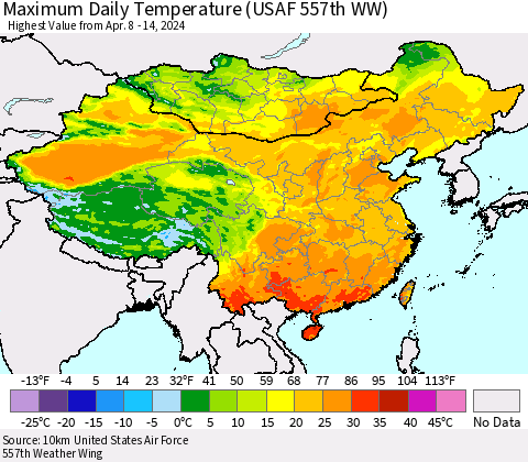 China, Mongolia and Taiwan Maximum Daily Temperature (USAF 557th WW) Thematic Map For 4/8/2024 - 4/14/2024