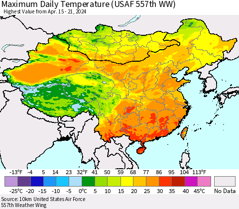China, Mongolia and Taiwan Maximum Daily Temperature (USAF 557th WW) Thematic Map For 4/15/2024 - 4/21/2024
