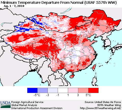 China, Mongolia and Taiwan Mean Minimum Temperature Departure from Normal (USAF 557th WW) Thematic Map For 1/1/2018 - 1/7/2018