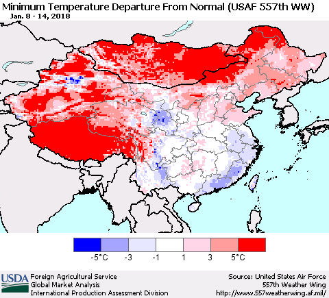 China, Mongolia and Taiwan Mean Minimum Temperature Departure from Normal (USAF 557th WW) Thematic Map For 1/8/2018 - 1/14/2018