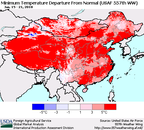 China, Mongolia and Taiwan Mean Minimum Temperature Departure from Normal (USAF 557th WW) Thematic Map For 1/15/2018 - 1/21/2018