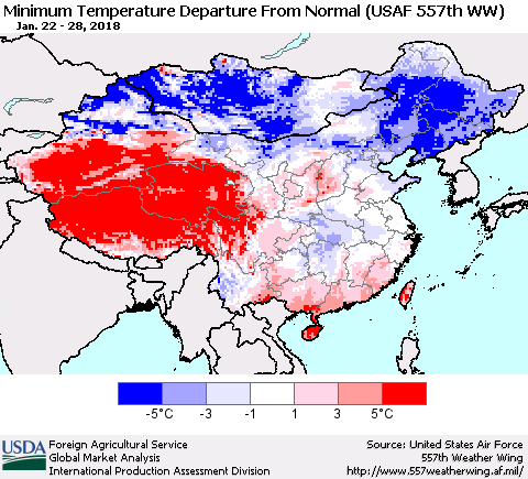 China, Mongolia and Taiwan Mean Minimum Temperature Departure from Normal (USAF 557th WW) Thematic Map For 1/22/2018 - 1/28/2018