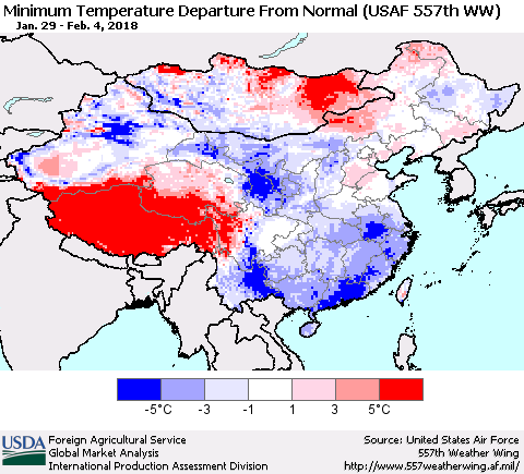 China, Mongolia and Taiwan Mean Minimum Temperature Departure from Normal (USAF 557th WW) Thematic Map For 1/29/2018 - 2/4/2018