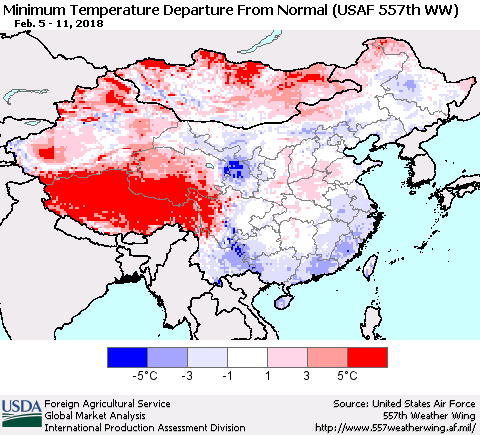 China, Mongolia and Taiwan Mean Minimum Temperature Departure from Normal (USAF 557th WW) Thematic Map For 2/5/2018 - 2/11/2018