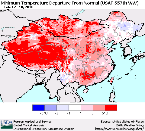 China, Mongolia and Taiwan Mean Minimum Temperature Departure from Normal (USAF 557th WW) Thematic Map For 2/12/2018 - 2/18/2018
