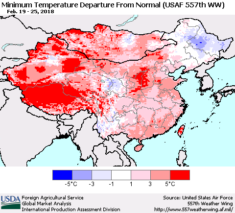 China, Mongolia and Taiwan Mean Minimum Temperature Departure from Normal (USAF 557th WW) Thematic Map For 2/19/2018 - 2/25/2018