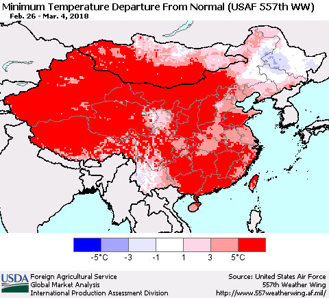 China, Mongolia and Taiwan Mean Minimum Temperature Departure from Normal (USAF 557th WW) Thematic Map For 2/26/2018 - 3/4/2018