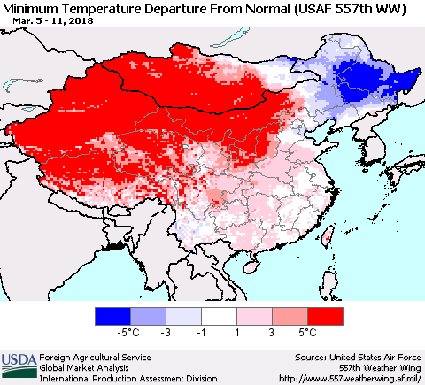 China, Mongolia and Taiwan Mean Minimum Temperature Departure from Normal (USAF 557th WW) Thematic Map For 3/5/2018 - 3/11/2018