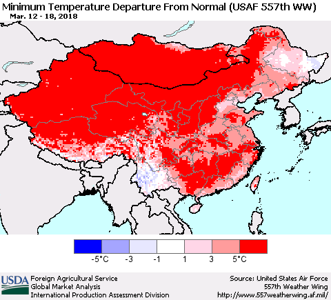China, Mongolia and Taiwan Mean Minimum Temperature Departure from Normal (USAF 557th WW) Thematic Map For 3/12/2018 - 3/18/2018