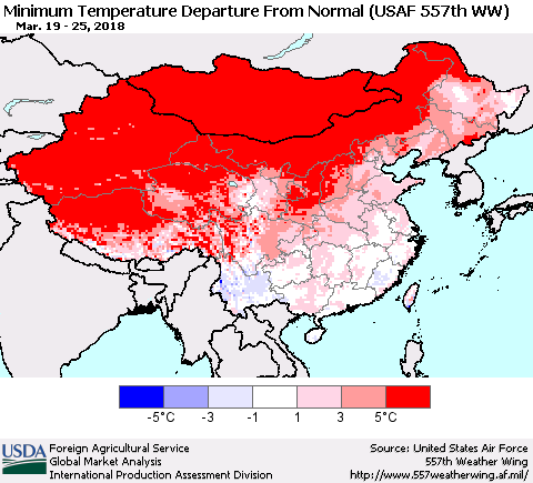 China, Mongolia and Taiwan Mean Minimum Temperature Departure from Normal (USAF 557th WW) Thematic Map For 3/19/2018 - 3/25/2018
