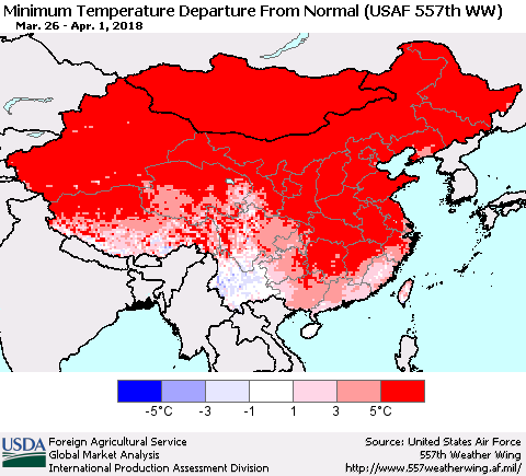 China, Mongolia and Taiwan Mean Minimum Temperature Departure from Normal (USAF 557th WW) Thematic Map For 3/26/2018 - 4/1/2018