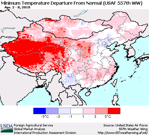 China, Mongolia and Taiwan Mean Minimum Temperature Departure from Normal (USAF 557th WW) Thematic Map For 4/2/2018 - 4/8/2018