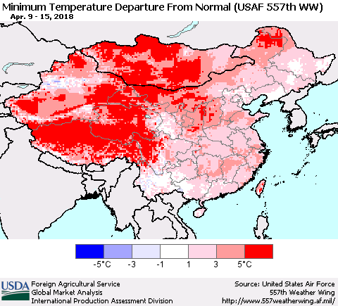 China, Mongolia and Taiwan Mean Minimum Temperature Departure from Normal (USAF 557th WW) Thematic Map For 4/9/2018 - 4/15/2018