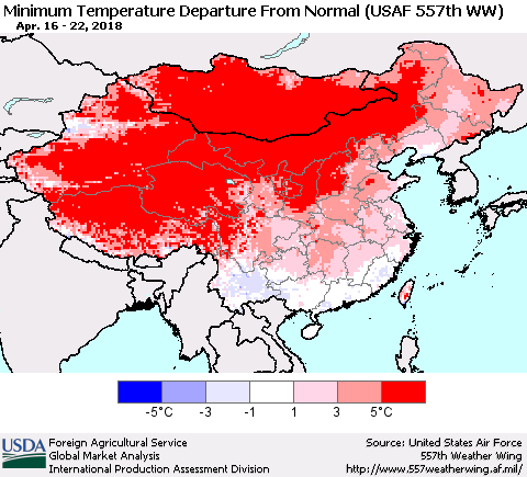 China, Mongolia and Taiwan Mean Minimum Temperature Departure from Normal (USAF 557th WW) Thematic Map For 4/16/2018 - 4/22/2018