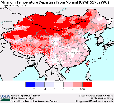 China, Mongolia and Taiwan Mean Minimum Temperature Departure from Normal (USAF 557th WW) Thematic Map For 4/23/2018 - 4/29/2018