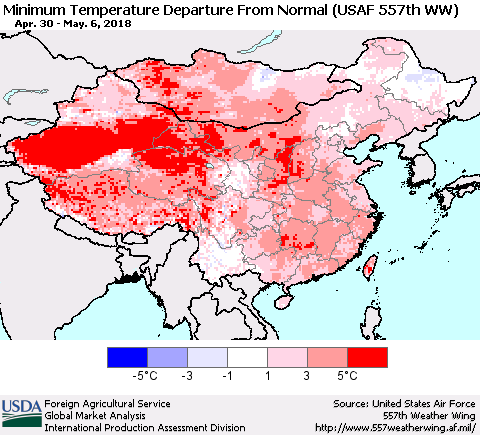 China, Mongolia and Taiwan Mean Minimum Temperature Departure from Normal (USAF 557th WW) Thematic Map For 4/30/2018 - 5/6/2018