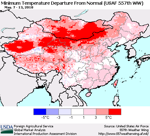 China, Mongolia and Taiwan Mean Minimum Temperature Departure from Normal (USAF 557th WW) Thematic Map For 5/7/2018 - 5/13/2018