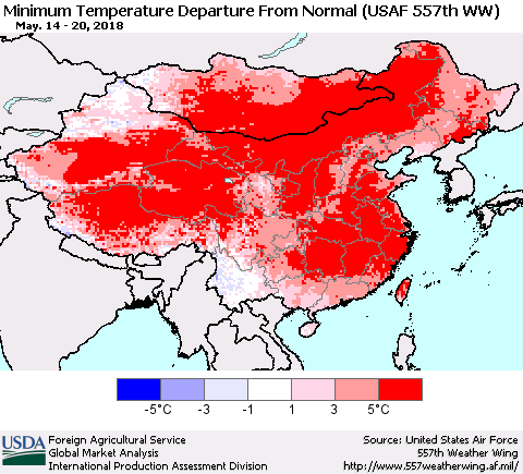 China, Mongolia and Taiwan Mean Minimum Temperature Departure from Normal (USAF 557th WW) Thematic Map For 5/14/2018 - 5/20/2018