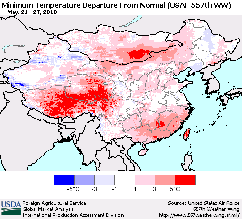 China, Mongolia and Taiwan Mean Minimum Temperature Departure from Normal (USAF 557th WW) Thematic Map For 5/21/2018 - 5/27/2018
