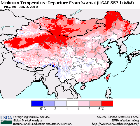 China, Mongolia and Taiwan Mean Minimum Temperature Departure from Normal (USAF 557th WW) Thematic Map For 5/28/2018 - 6/3/2018