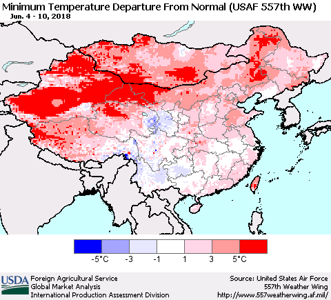 China, Mongolia and Taiwan Mean Minimum Temperature Departure from Normal (USAF 557th WW) Thematic Map For 6/4/2018 - 6/10/2018
