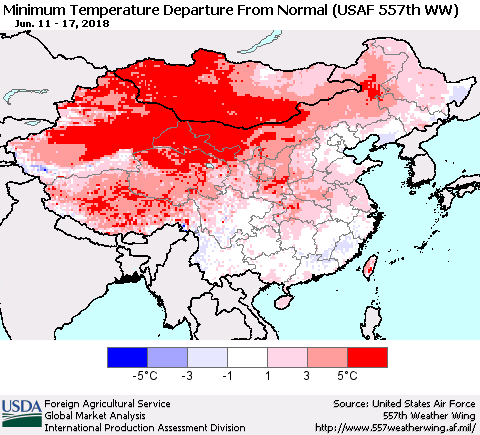 China, Mongolia and Taiwan Mean Minimum Temperature Departure from Normal (USAF 557th WW) Thematic Map For 6/11/2018 - 6/17/2018