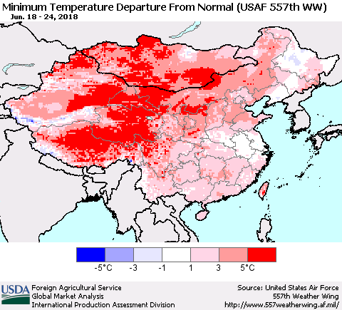 China, Mongolia and Taiwan Mean Minimum Temperature Departure from Normal (USAF 557th WW) Thematic Map For 6/18/2018 - 6/24/2018