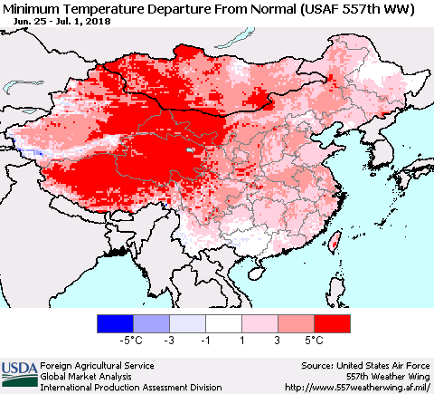 China, Mongolia and Taiwan Mean Minimum Temperature Departure from Normal (USAF 557th WW) Thematic Map For 6/25/2018 - 7/1/2018
