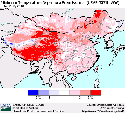 China, Mongolia and Taiwan Mean Minimum Temperature Departure from Normal (USAF 557th WW) Thematic Map For 7/2/2018 - 7/8/2018