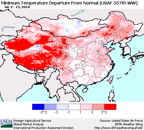 China, Mongolia and Taiwan Mean Minimum Temperature Departure from Normal (USAF 557th WW) Thematic Map For 7/9/2018 - 7/15/2018