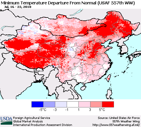China, Mongolia and Taiwan Mean Minimum Temperature Departure from Normal (USAF 557th WW) Thematic Map For 7/16/2018 - 7/22/2018