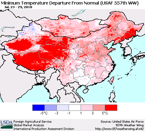 China, Mongolia and Taiwan Mean Minimum Temperature Departure from Normal (USAF 557th WW) Thematic Map For 7/23/2018 - 7/29/2018