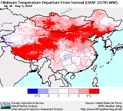 China, Mongolia and Taiwan Mean Minimum Temperature Departure from Normal (USAF 557th WW) Thematic Map For 7/30/2018 - 8/5/2018