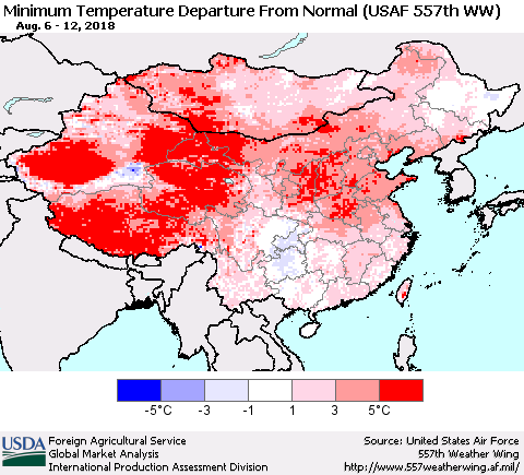 China, Mongolia and Taiwan Mean Minimum Temperature Departure from Normal (USAF 557th WW) Thematic Map For 8/6/2018 - 8/12/2018
