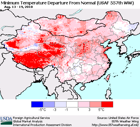 China, Mongolia and Taiwan Mean Minimum Temperature Departure from Normal (USAF 557th WW) Thematic Map For 8/13/2018 - 8/19/2018