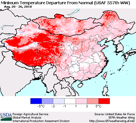 China, Mongolia and Taiwan Mean Minimum Temperature Departure from Normal (USAF 557th WW) Thematic Map For 8/20/2018 - 8/26/2018