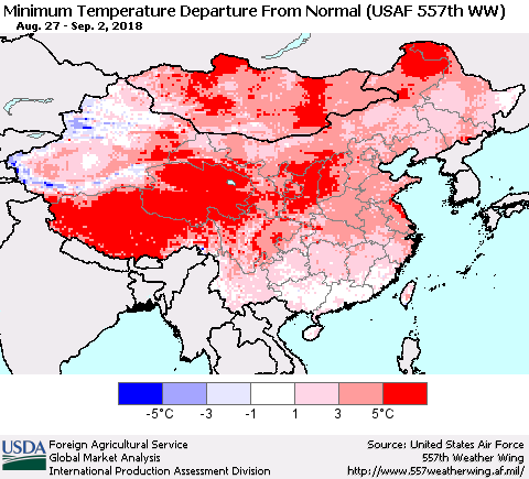 China, Mongolia and Taiwan Mean Minimum Temperature Departure from Normal (USAF 557th WW) Thematic Map For 8/27/2018 - 9/2/2018
