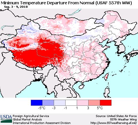 China, Mongolia and Taiwan Mean Minimum Temperature Departure from Normal (USAF 557th WW) Thematic Map For 9/3/2018 - 9/9/2018
