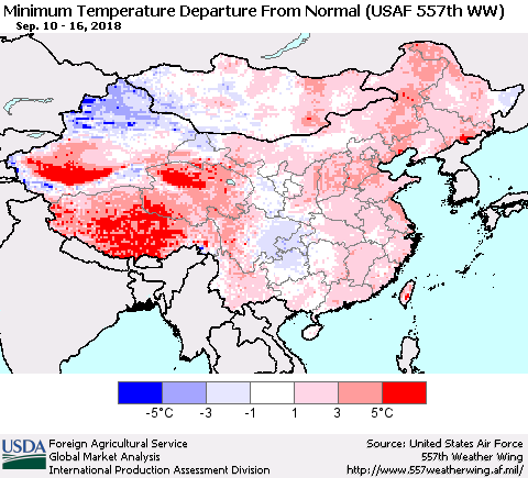 China, Mongolia and Taiwan Mean Minimum Temperature Departure from Normal (USAF 557th WW) Thematic Map For 9/10/2018 - 9/16/2018