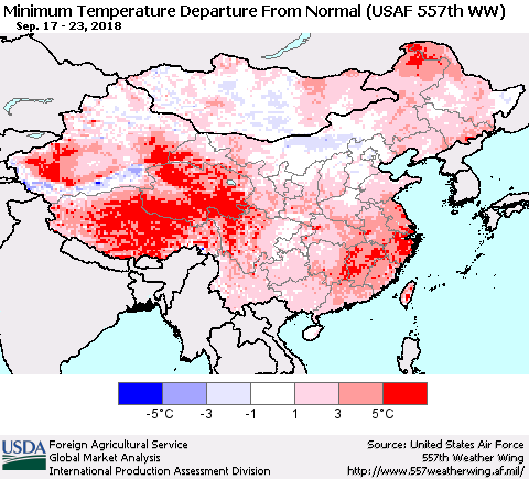 China, Mongolia and Taiwan Mean Minimum Temperature Departure from Normal (USAF 557th WW) Thematic Map For 9/17/2018 - 9/23/2018