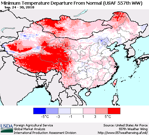 China, Mongolia and Taiwan Mean Minimum Temperature Departure from Normal (USAF 557th WW) Thematic Map For 9/24/2018 - 9/30/2018