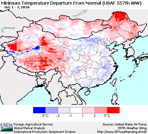 China, Mongolia and Taiwan Mean Minimum Temperature Departure from Normal (USAF 557th WW) Thematic Map For 10/1/2018 - 10/7/2018