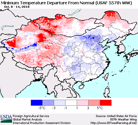 China, Mongolia and Taiwan Mean Minimum Temperature Departure from Normal (USAF 557th WW) Thematic Map For 10/8/2018 - 10/14/2018