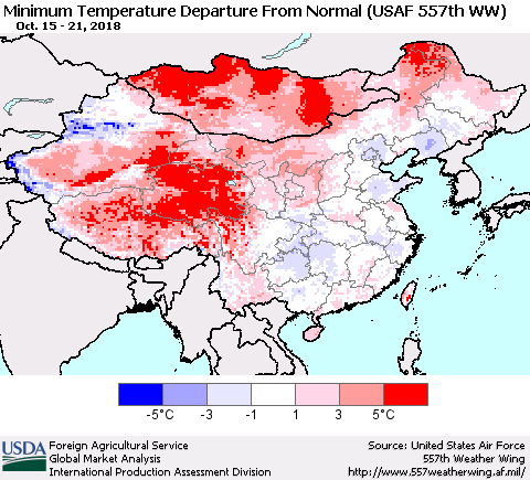 China, Mongolia and Taiwan Mean Minimum Temperature Departure from Normal (USAF 557th WW) Thematic Map For 10/15/2018 - 10/21/2018