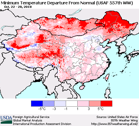 China, Mongolia and Taiwan Mean Minimum Temperature Departure from Normal (USAF 557th WW) Thematic Map For 10/22/2018 - 10/28/2018