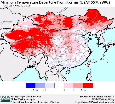 China, Mongolia and Taiwan Mean Minimum Temperature Departure from Normal (USAF 557th WW) Thematic Map For 10/29/2018 - 11/4/2018